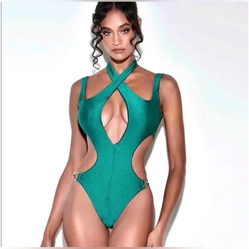 Miss Circle Mykonos Cutout Emerald One Piece Swimsuit M Metallic High Cut NWT